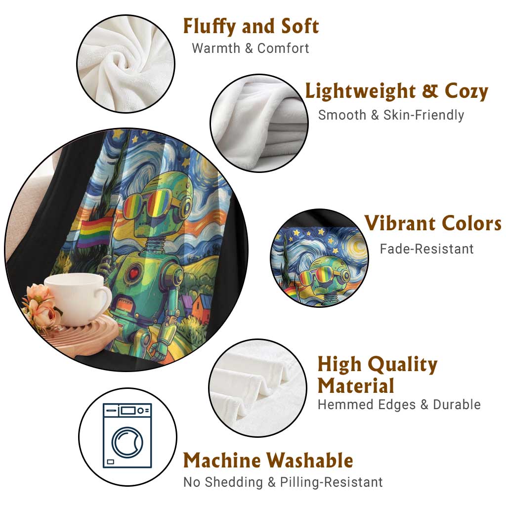 Funny Rainbow Starry Night Robot Pride Throw Blanket LGBTQ Geeky Gift
