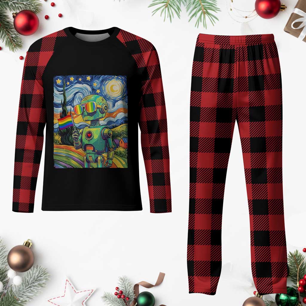 Funny Rainbow Starry Night Robot Pride Plaid Pajama Set LGBTQ Geeky Gift