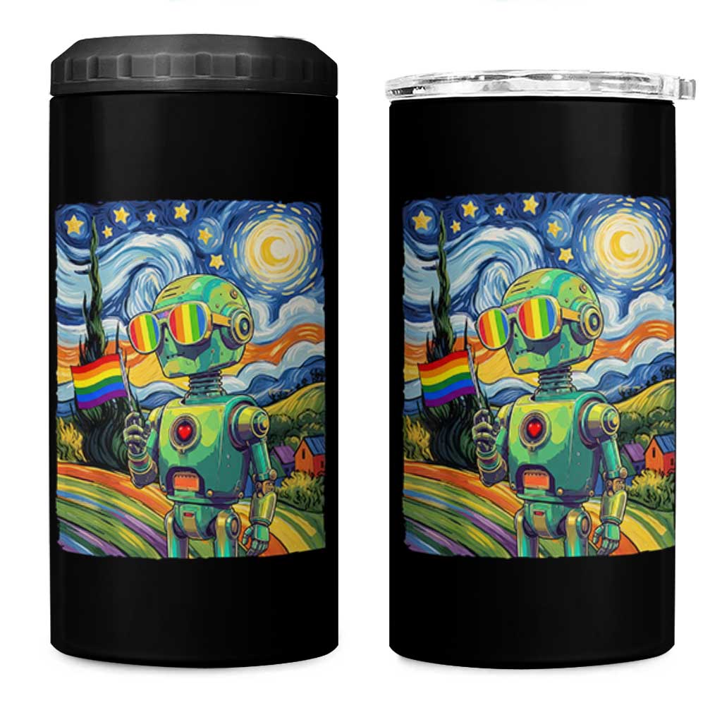Funny Rainbow Starry Night Robot Pride 4 in 1 Can Cooler Tumbler LGBTQ Geeky Gift