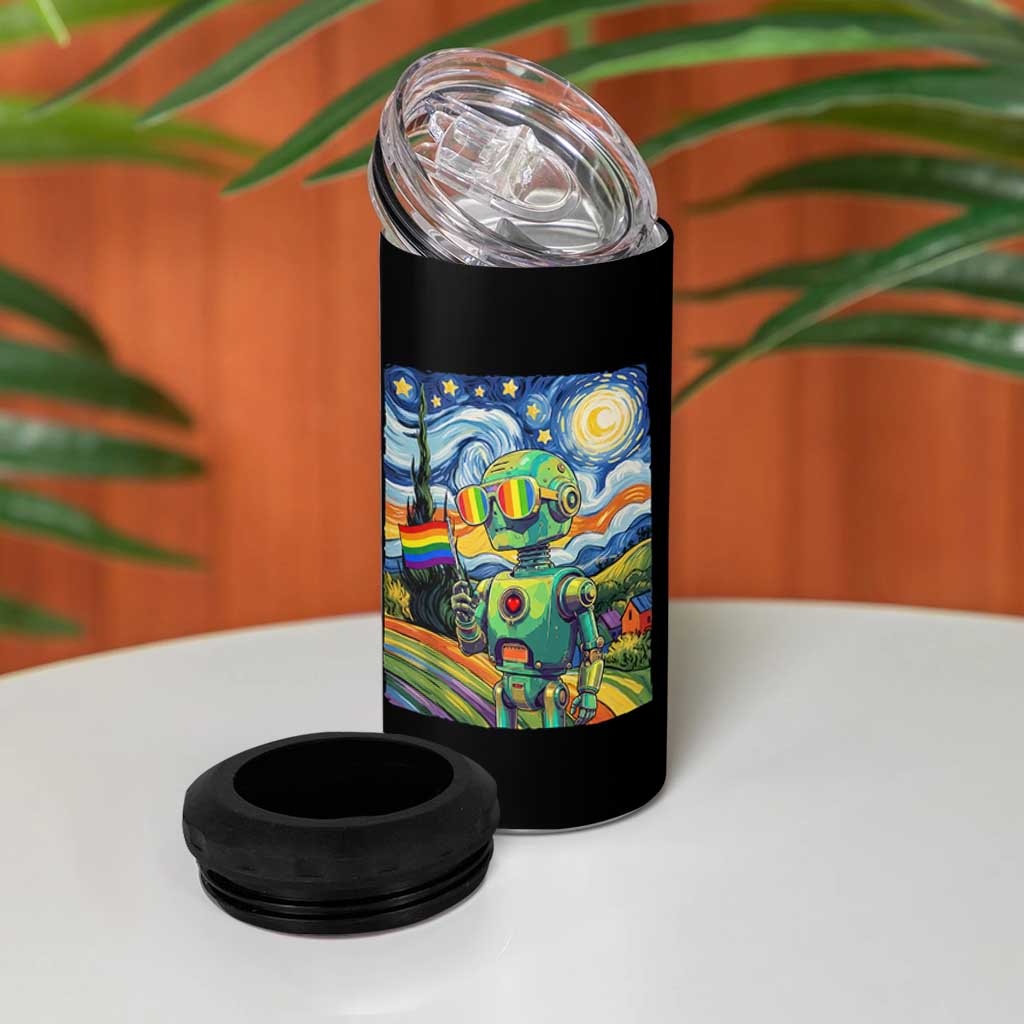 Funny Rainbow Starry Night Robot Pride 4 in 1 Can Cooler Tumbler LGBTQ Geeky Gift