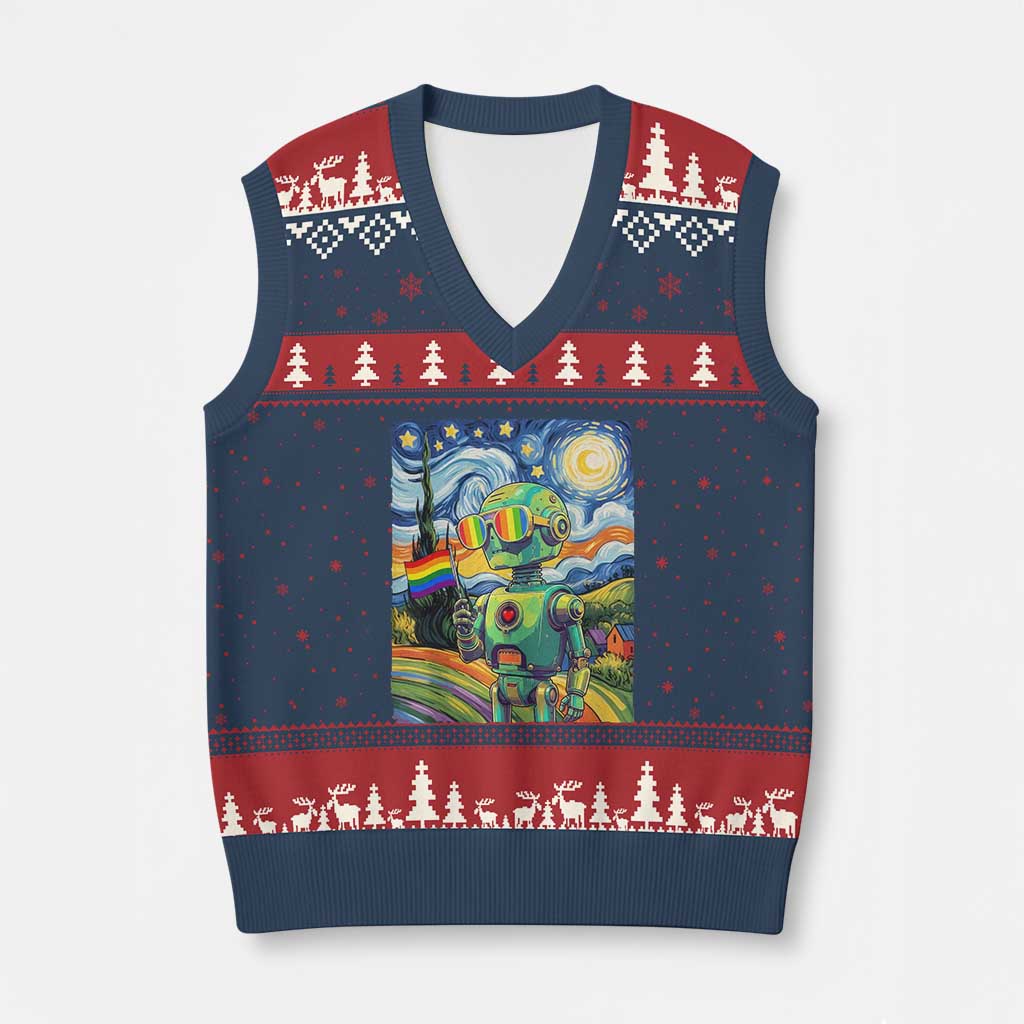 Funny Rainbow Starry Night Robot Pride V-Neck Knit Sweater Vest LGBTQ Geeky Gift