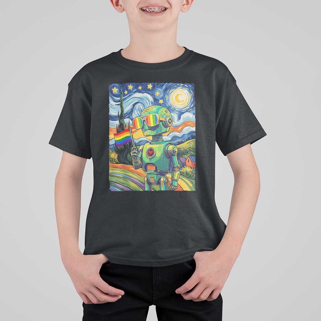 Funny Rainbow Starry Night Robot Pride T Shirt For Kid LGBTQ Geeky Gift