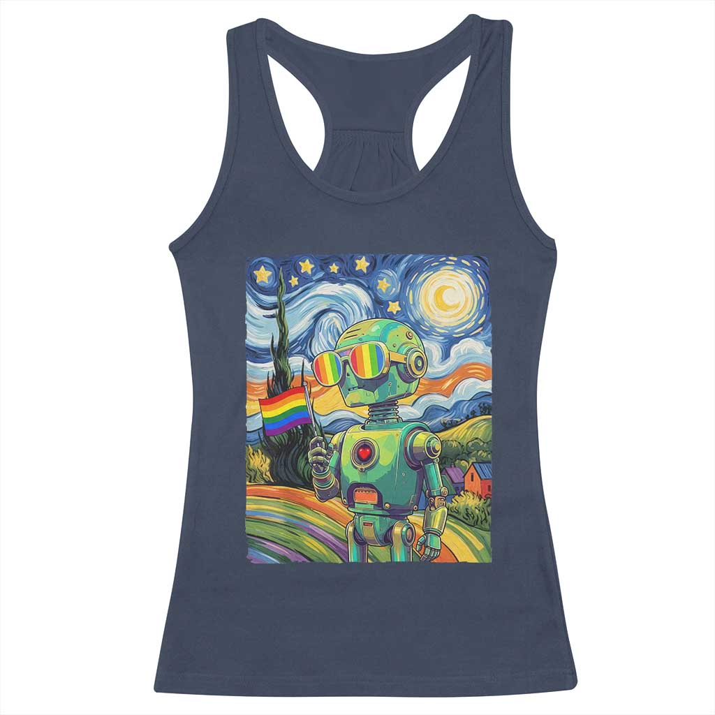 Funny Rainbow Starry Night Robot Pride Racerback Tank Top LGBTQ Geeky Gift