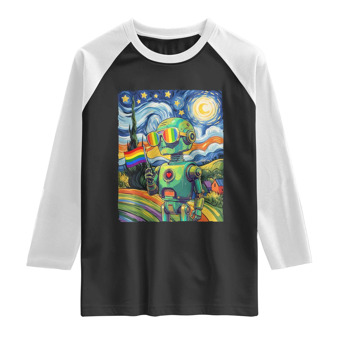 Funny Rainbow Starry Night Robot Pride Raglan Shirt LGBTQ Geeky Gift