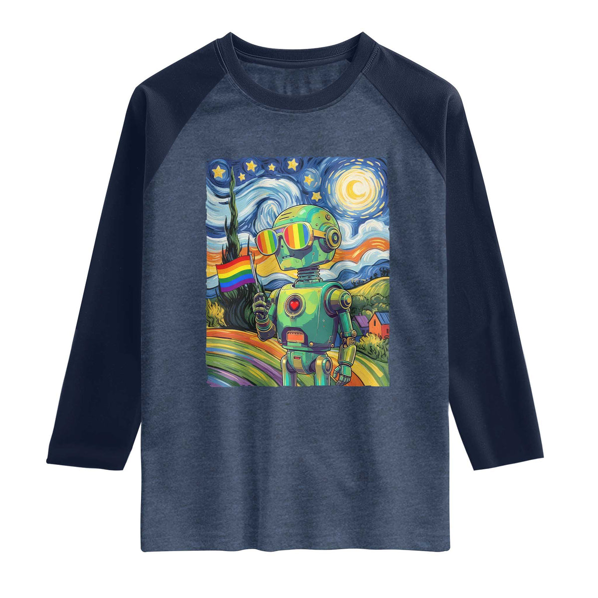 Funny Rainbow Starry Night Robot Pride Raglan Shirt LGBTQ Geeky Gift
