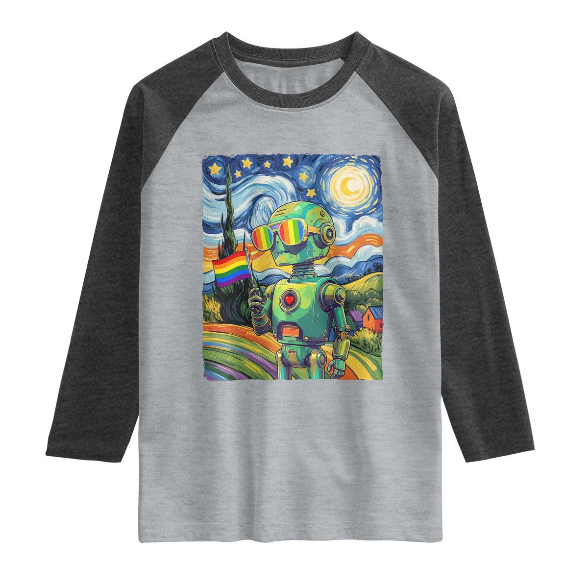 Funny Rainbow Starry Night Robot Pride Raglan Shirt LGBTQ Geeky Gift