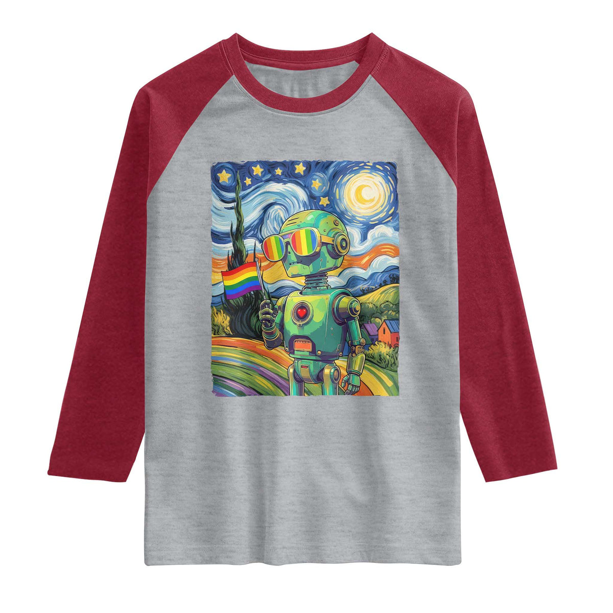 Funny Rainbow Starry Night Robot Pride Raglan Shirt LGBTQ Geeky Gift