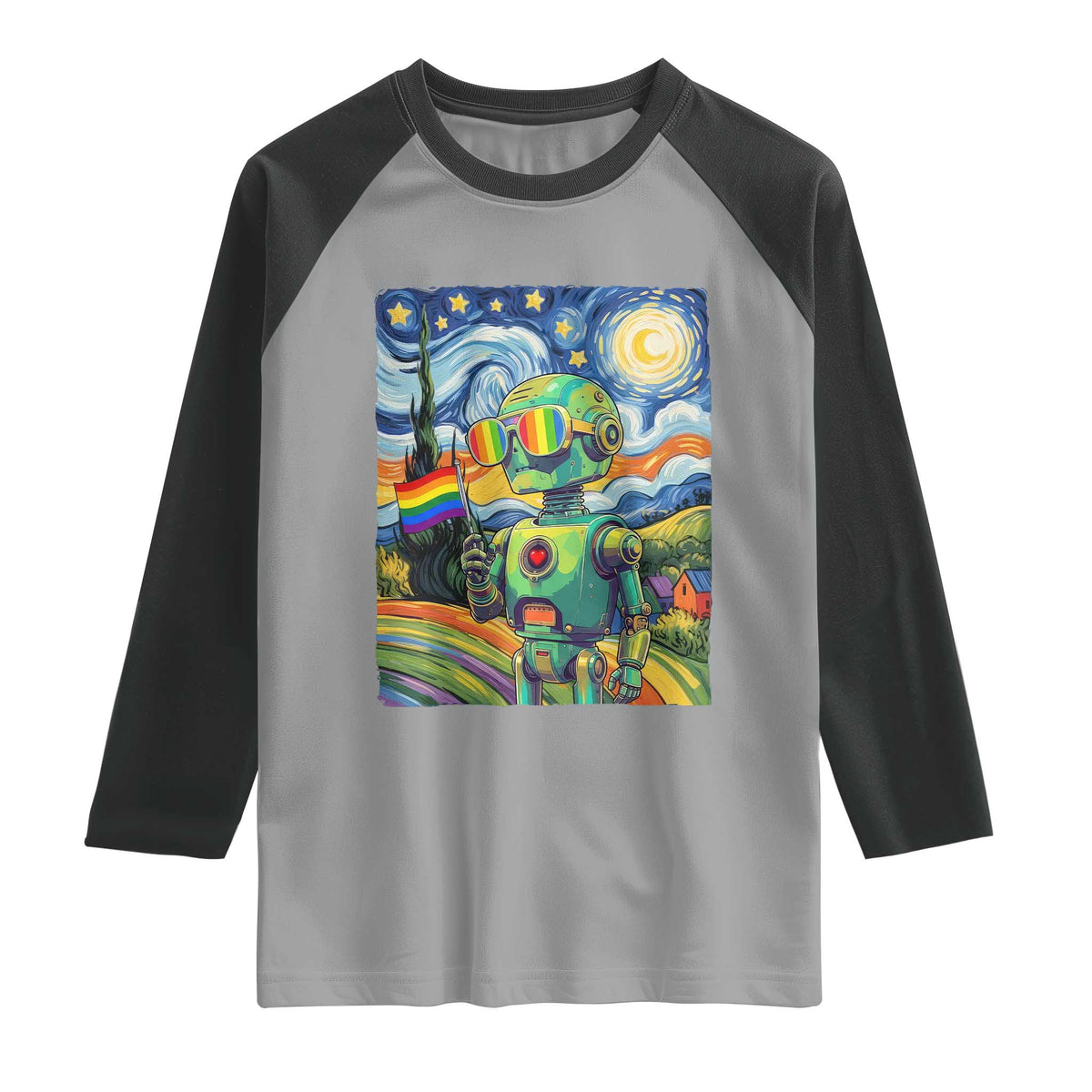 Funny Rainbow Starry Night Robot Pride Raglan Shirt LGBTQ Geeky Gift