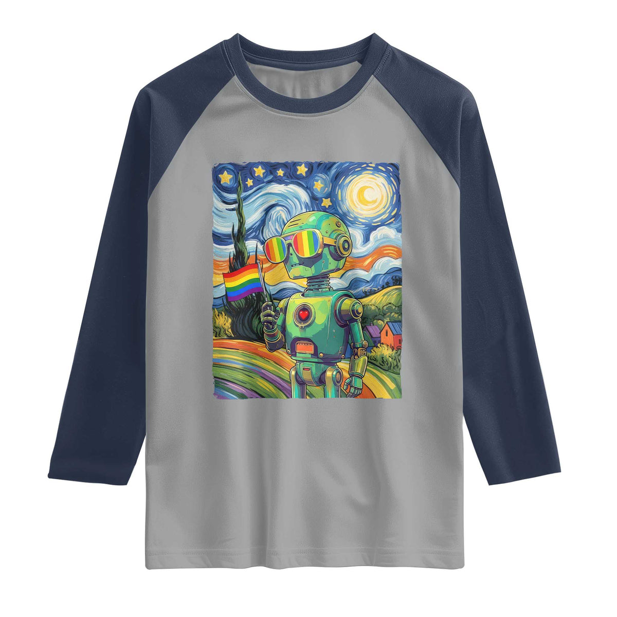 Funny Rainbow Starry Night Robot Pride Raglan Shirt LGBTQ Geeky Gift