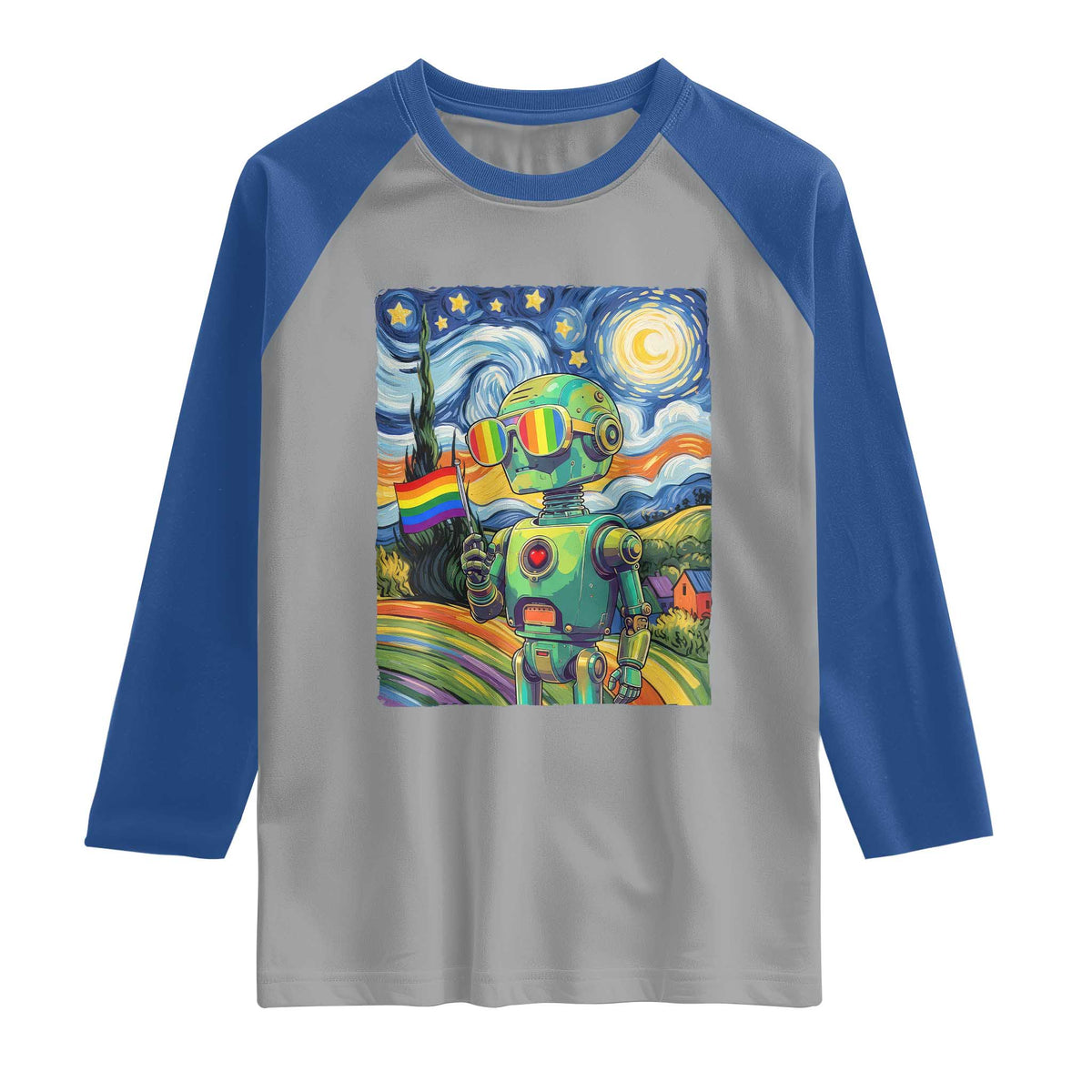 Funny Rainbow Starry Night Robot Pride Raglan Shirt LGBTQ Geeky Gift