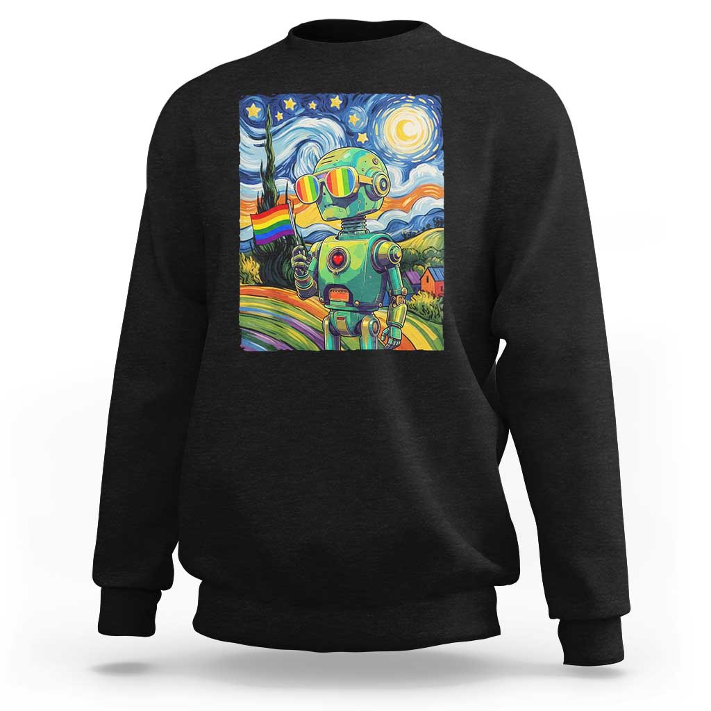 Funny Rainbow Starry Night Robot Pride Sweatshirt LGBTQ Geeky Gift