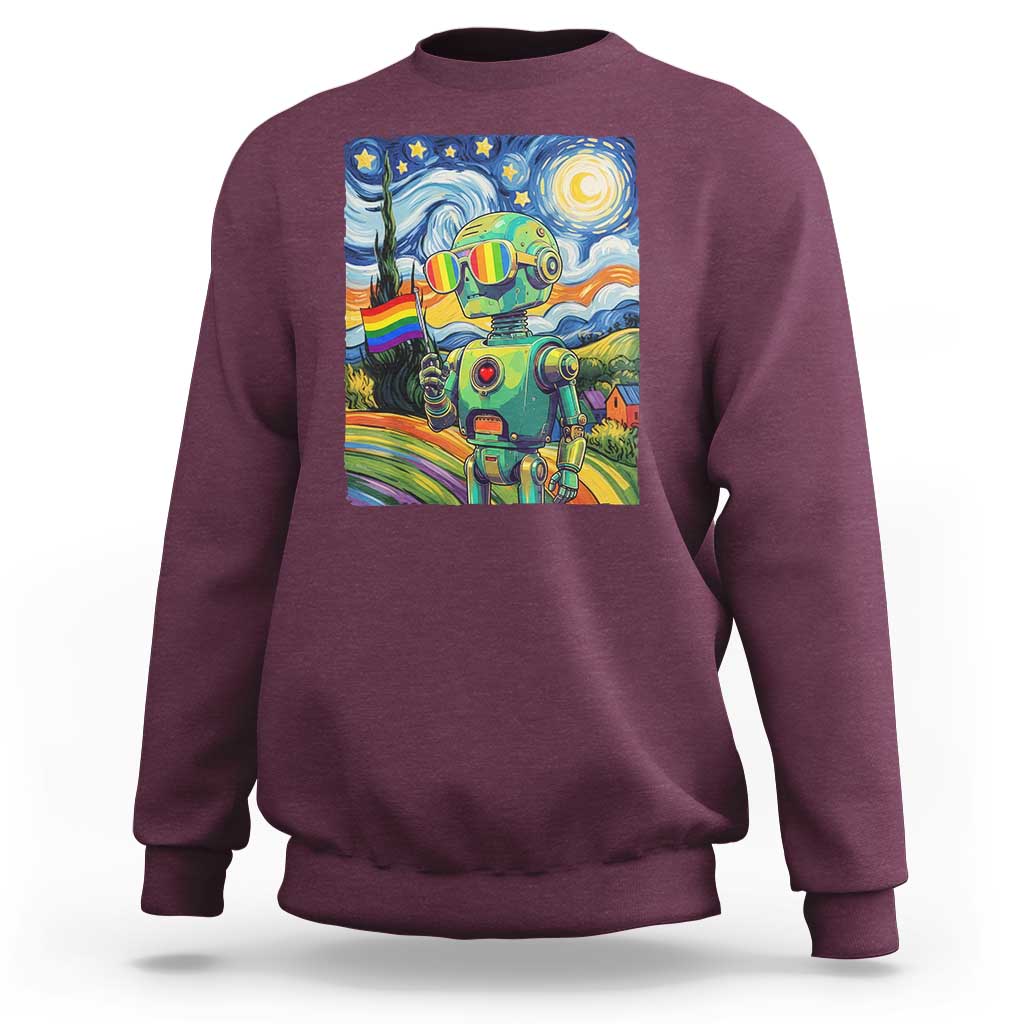 Funny Rainbow Starry Night Robot Pride Sweatshirt LGBTQ Geeky Gift