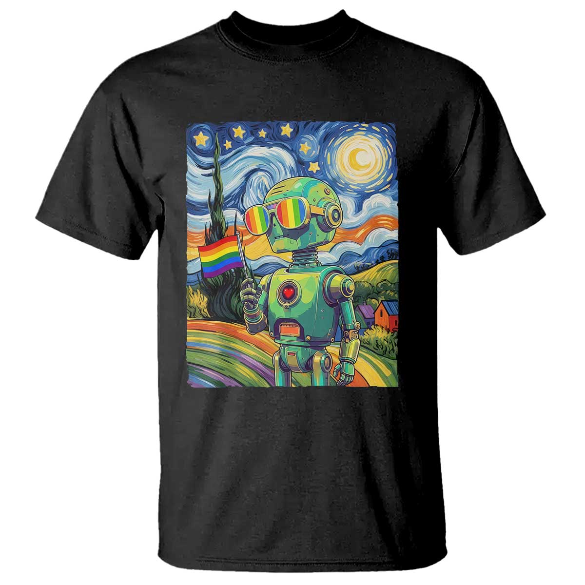 Funny Rainbow Starry Night Robot Pride T Shirt LGBTQ Geeky Gift