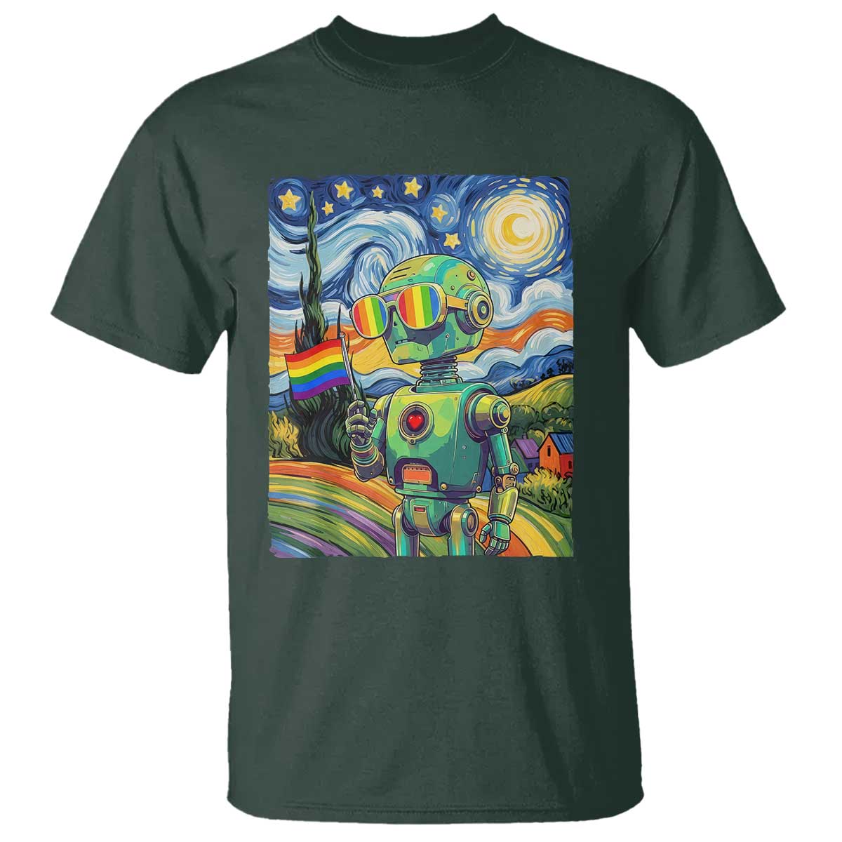 Funny Rainbow Starry Night Robot Pride T Shirt LGBTQ Geeky Gift