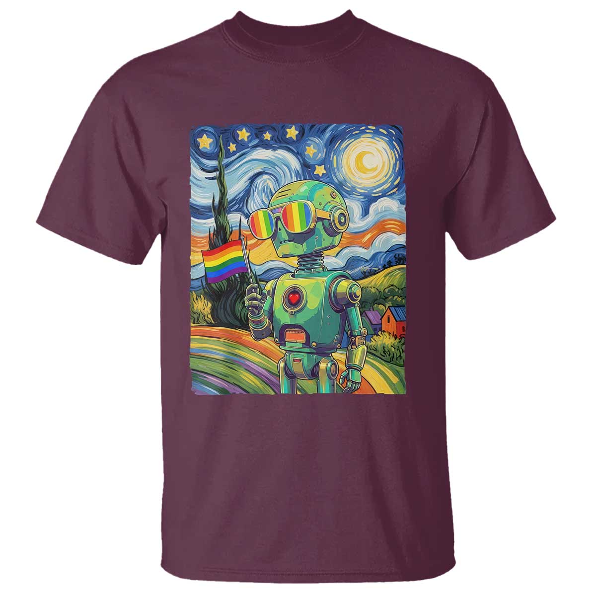Funny Rainbow Starry Night Robot Pride T Shirt LGBTQ Geeky Gift
