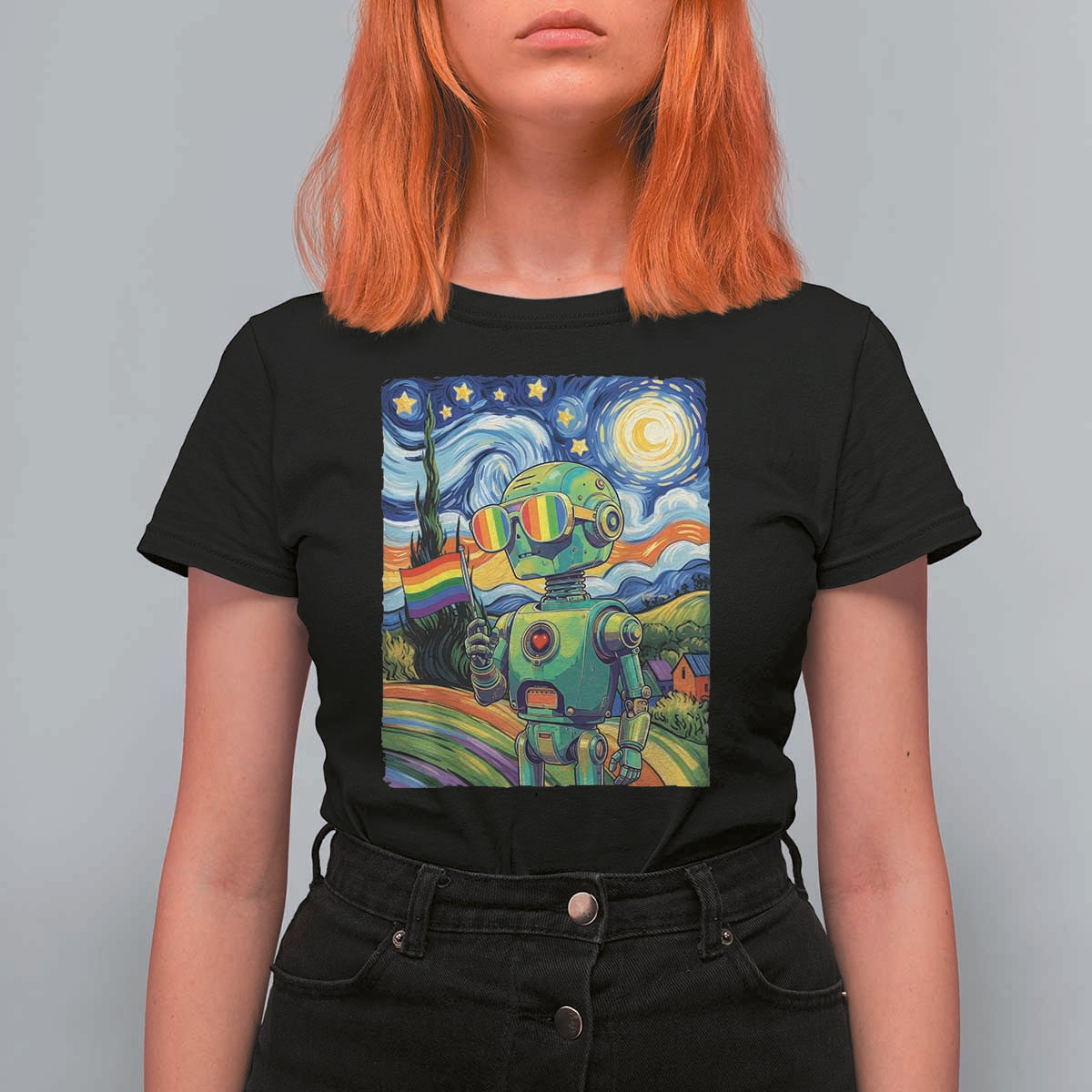 Funny Rainbow Starry Night Robot Pride T Shirt For Women LGBTQ Geeky Gift