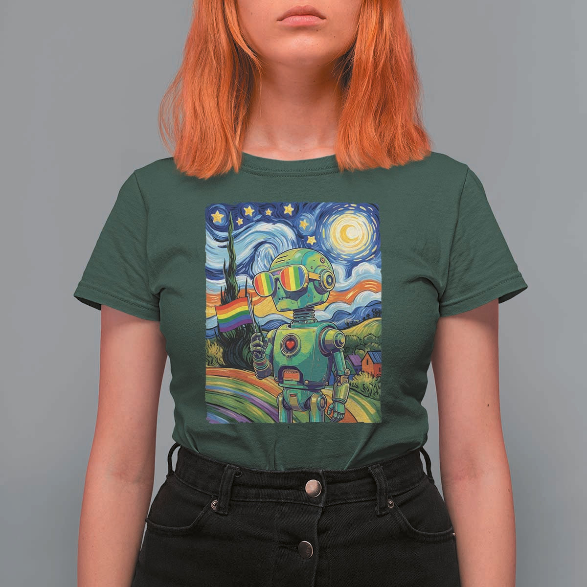 Funny Rainbow Starry Night Robot Pride T Shirt For Women LGBTQ Geeky Gift
