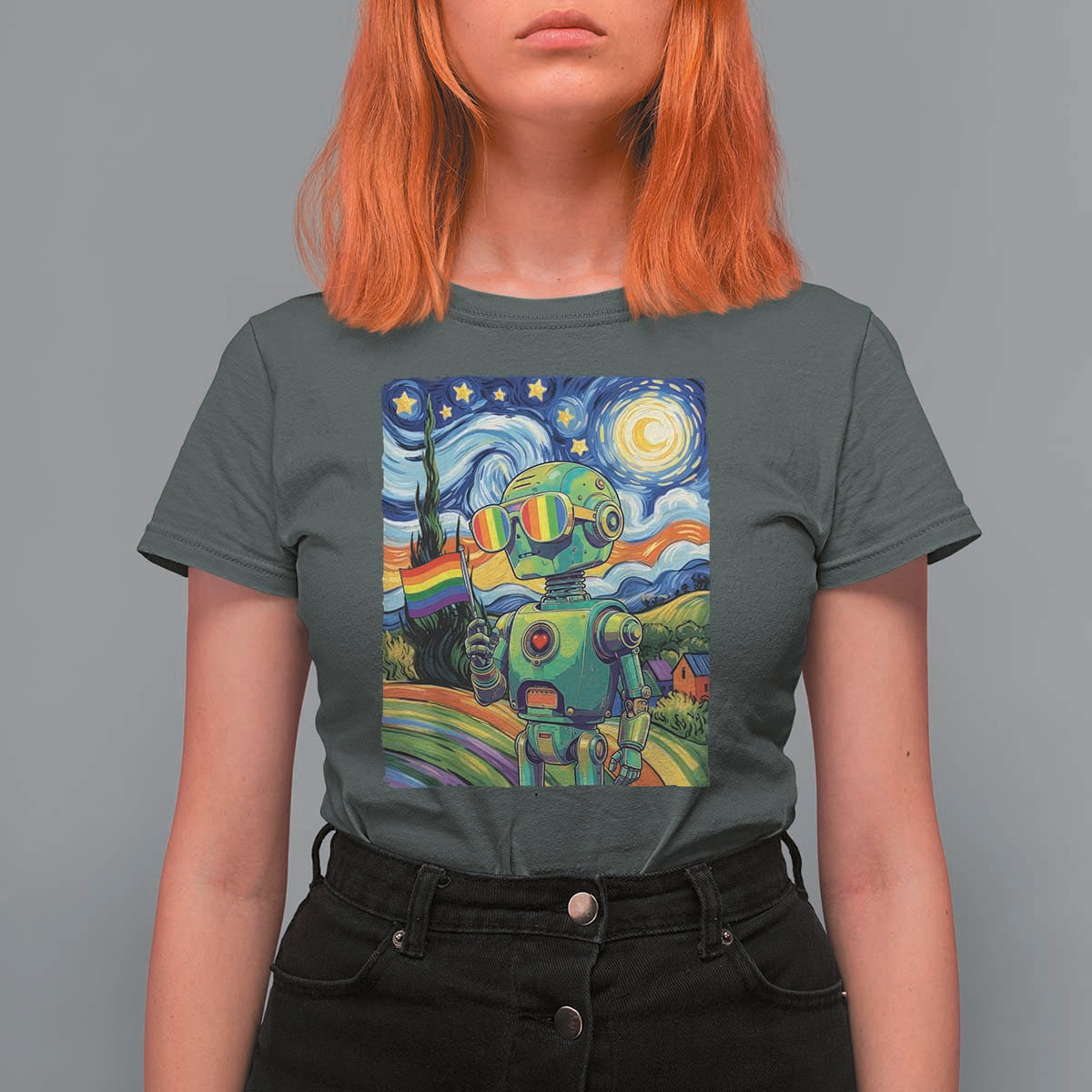 Funny Rainbow Starry Night Robot Pride T Shirt For Women LGBTQ Geeky Gift