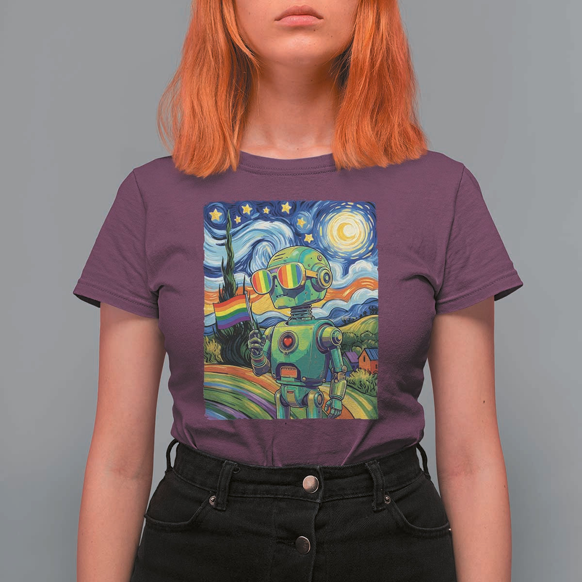 Funny Rainbow Starry Night Robot Pride T Shirt For Women LGBTQ Geeky Gift