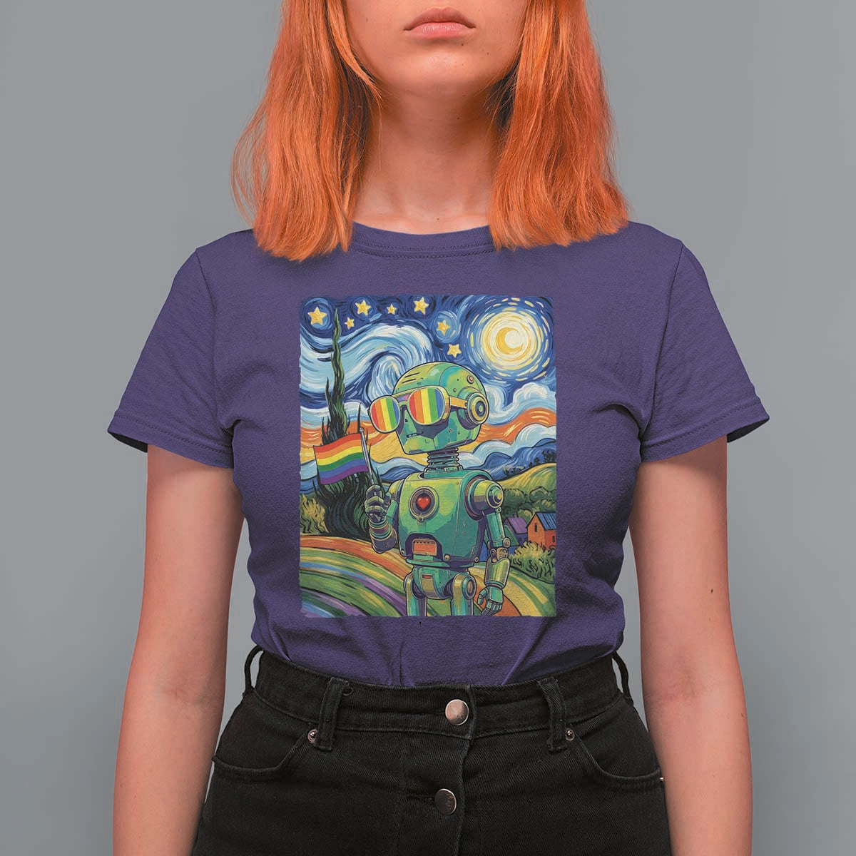 Funny Rainbow Starry Night Robot Pride T Shirt For Women LGBTQ Geeky Gift