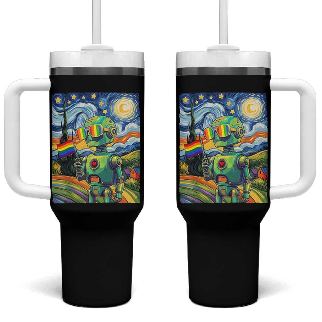 Funny Rainbow Starry Night Robot Pride Tumbler With Handle LGBTQ Geeky Gift