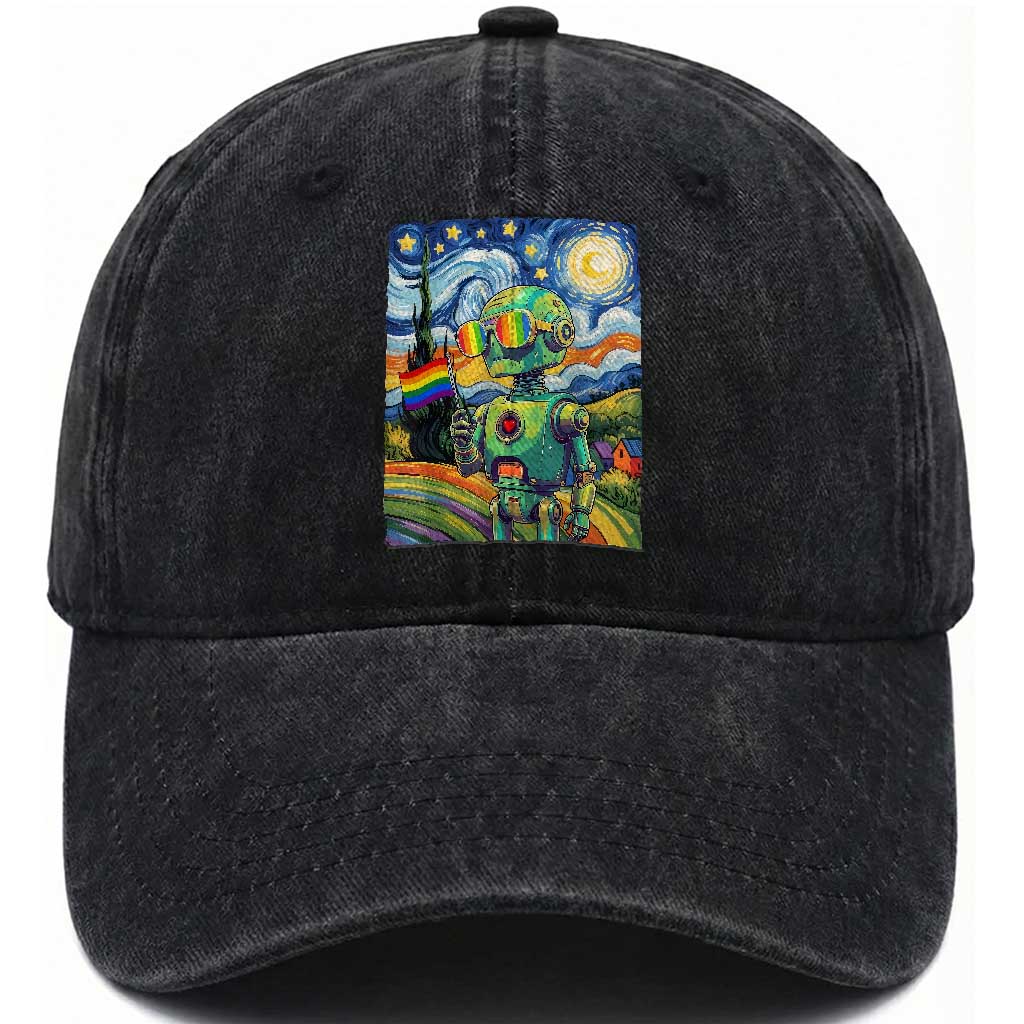 Funny Rainbow Starry Night Robot Pride Washed Cotton Baseball Cap LGBTQ Geeky Gift