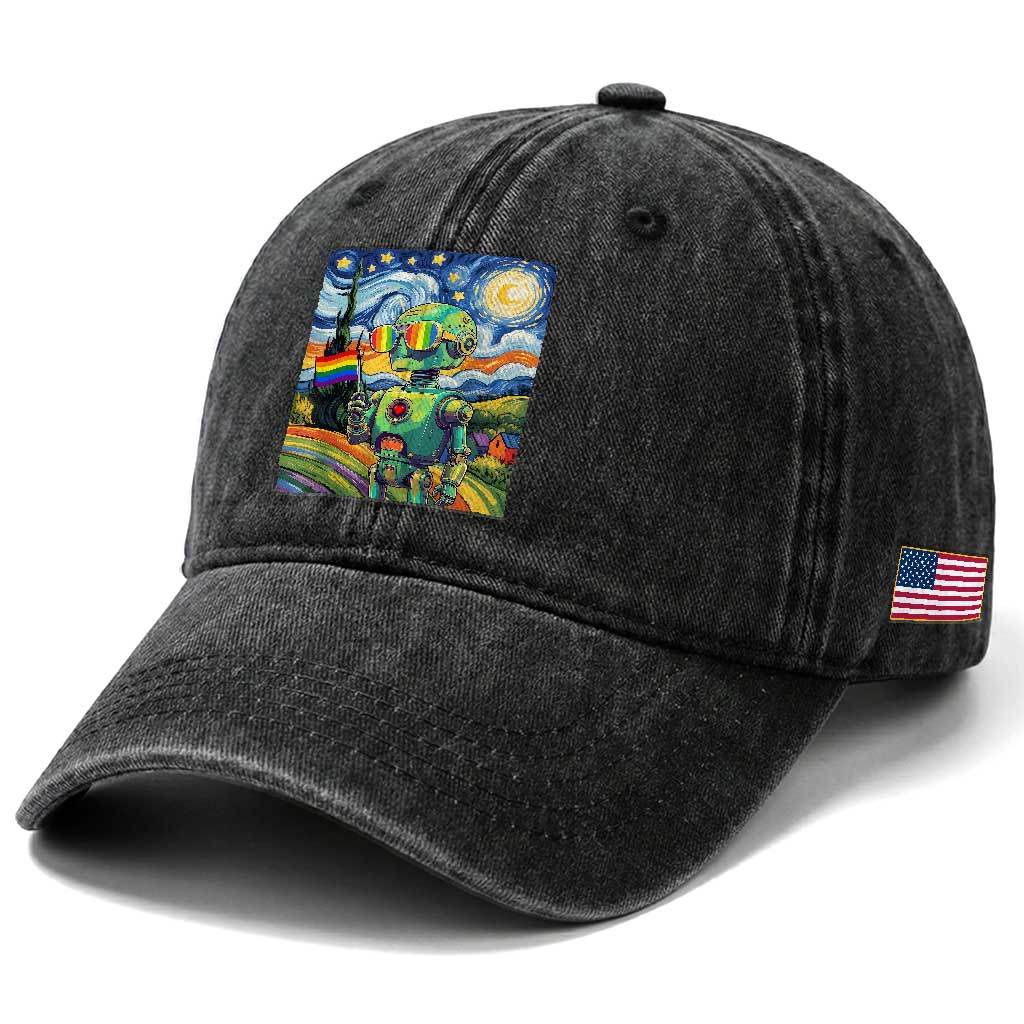 Funny Rainbow Starry Night Robot Pride Washed Cotton Baseball Cap LGBTQ Geeky Gift