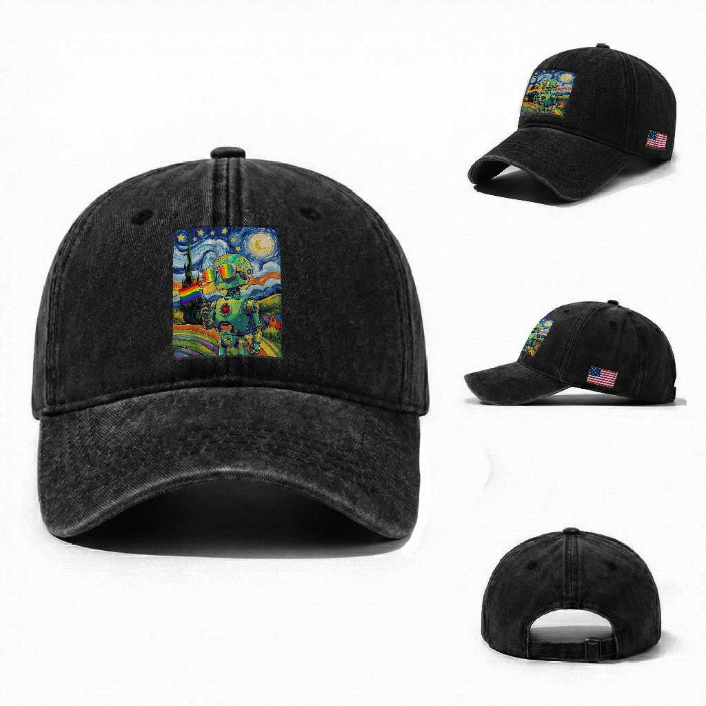 Funny Rainbow Starry Night Robot Pride Washed Cotton Baseball Cap LGBTQ Geeky Gift