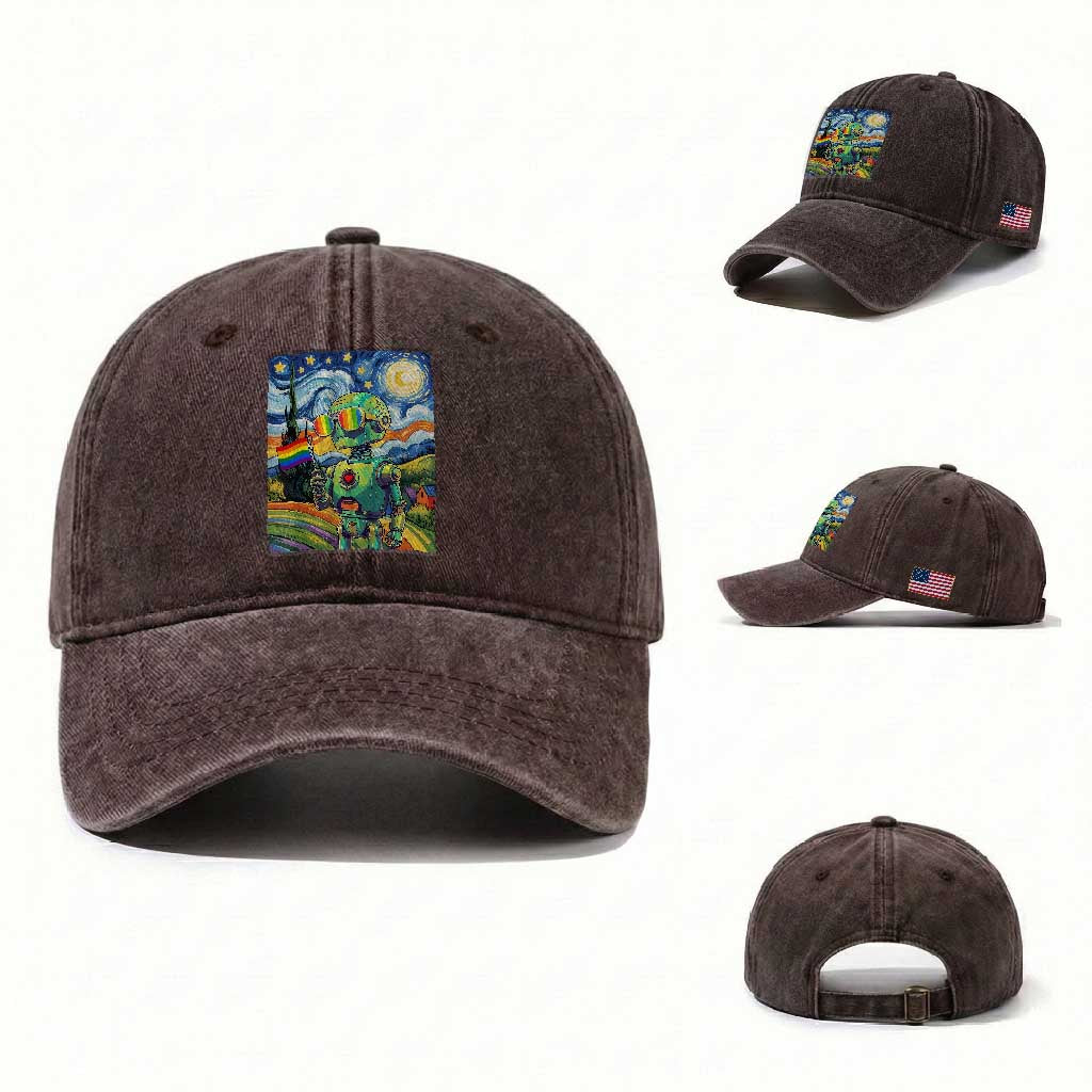 Funny Rainbow Starry Night Robot Pride Washed Cotton Baseball Cap LGBTQ Geeky Gift