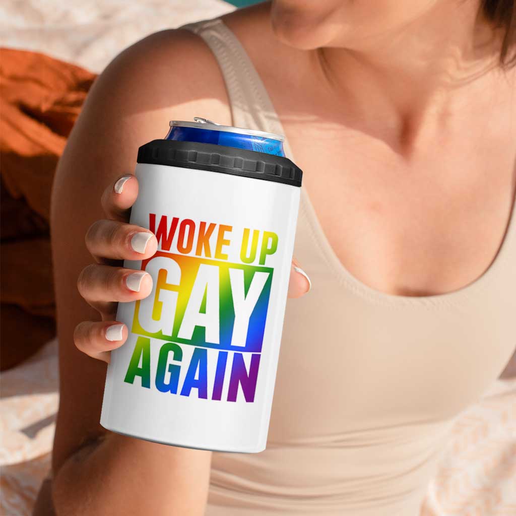 Funny LGBTQ Pride Month 4 in 1 Can Cooler Tumbler Woke Up Gay Again