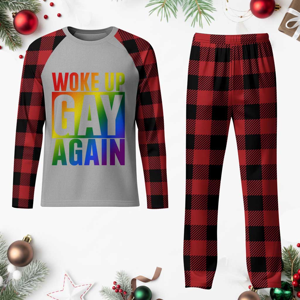 Funny LGBTQ Pride Month Plaid Pajama Set Woke Up Gay Again