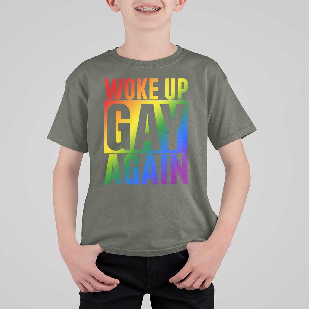 Funny LGBTQ Pride Month T Shirt For Kid Woke Up Gay Again