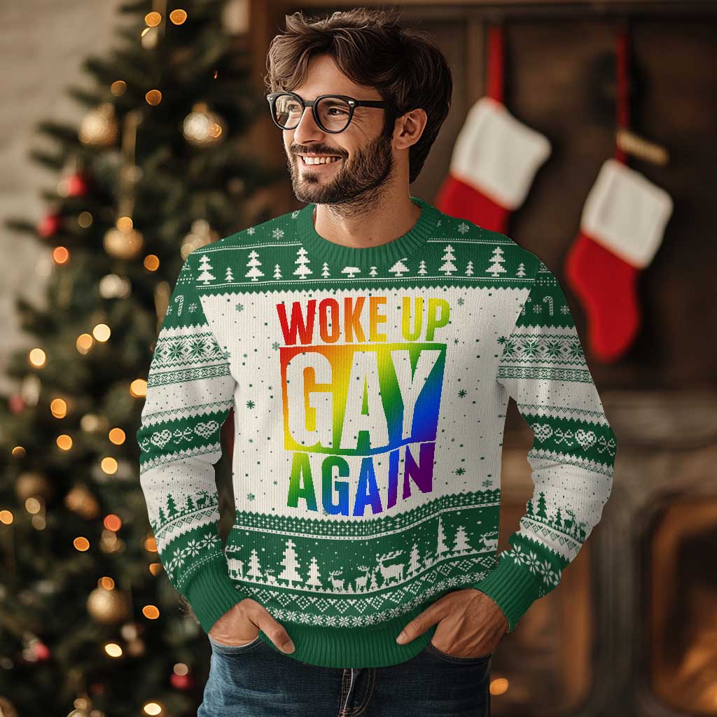 Funny LGBTQ Pride Month Ugly Christmas Sweater Woke Up Gay Again
