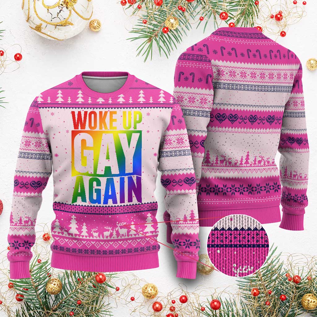Funny LGBTQ Pride Month Ugly Christmas Sweater Woke Up Gay Again