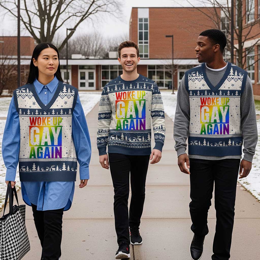 Funny LGBTQ Pride Month V-Neck Knit Sweater Vest Woke Up Gay Again