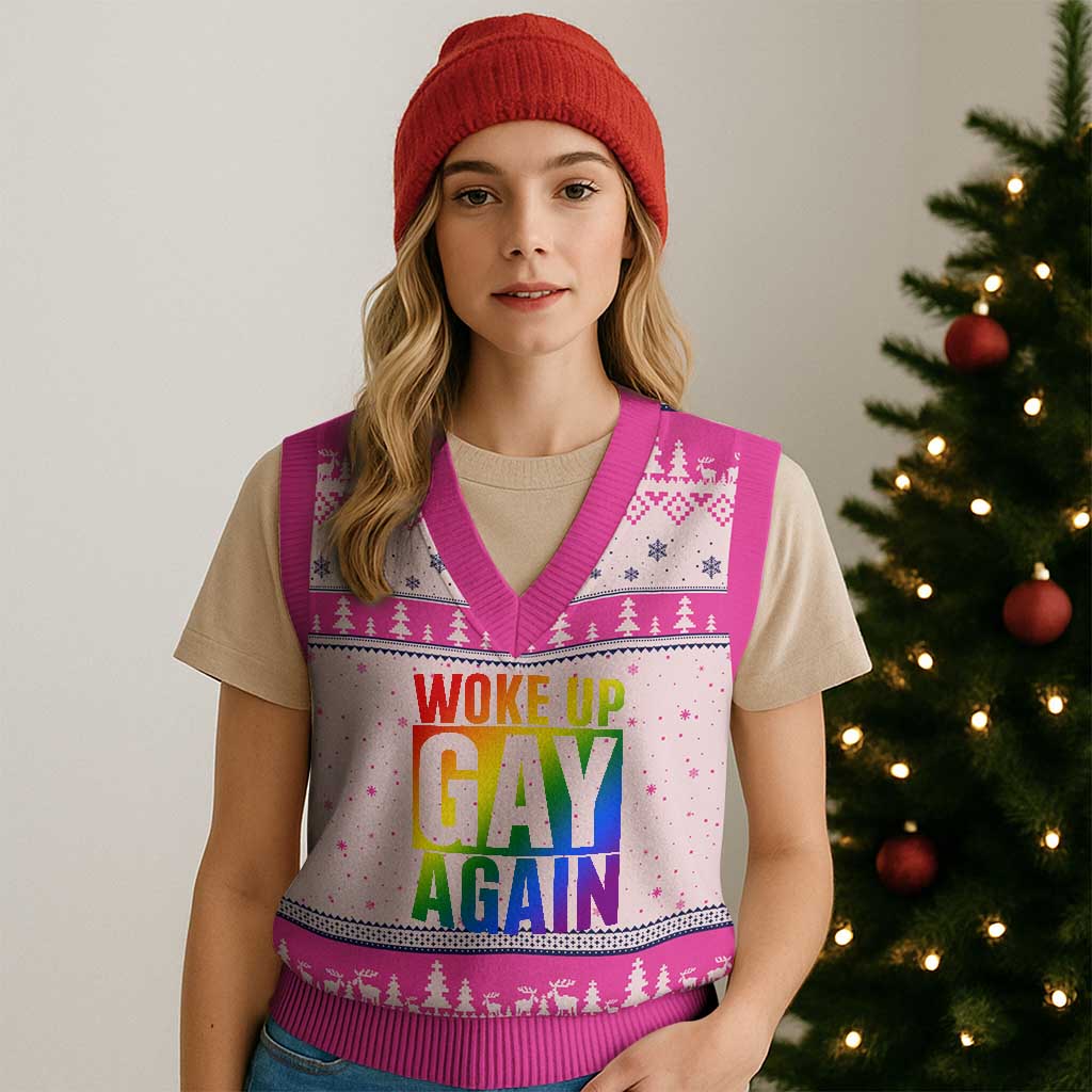 Funny LGBTQ Pride Month V-Neck Knit Sweater Vest Woke Up Gay Again