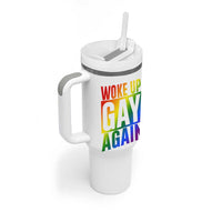 Funny LGBTQ Pride Month Tumbler With Handle Woke Up Gay Again