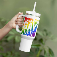 Funny LGBTQ Pride Month Tumbler With Handle Woke Up Gay Again