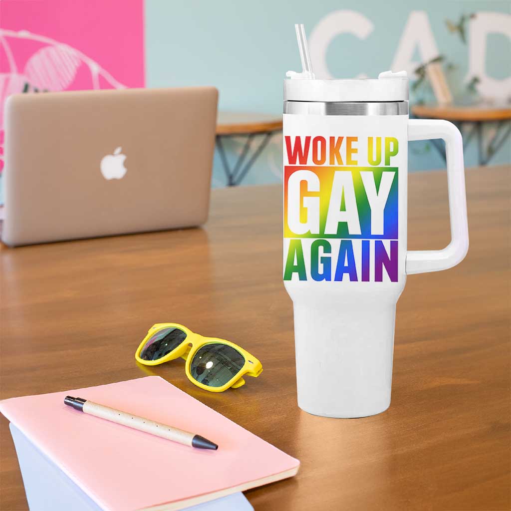 Funny LGBTQ Pride Month Tumbler With Handle Woke Up Gay Again