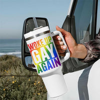 Funny LGBTQ Pride Month Tumbler With Handle Woke Up Gay Again