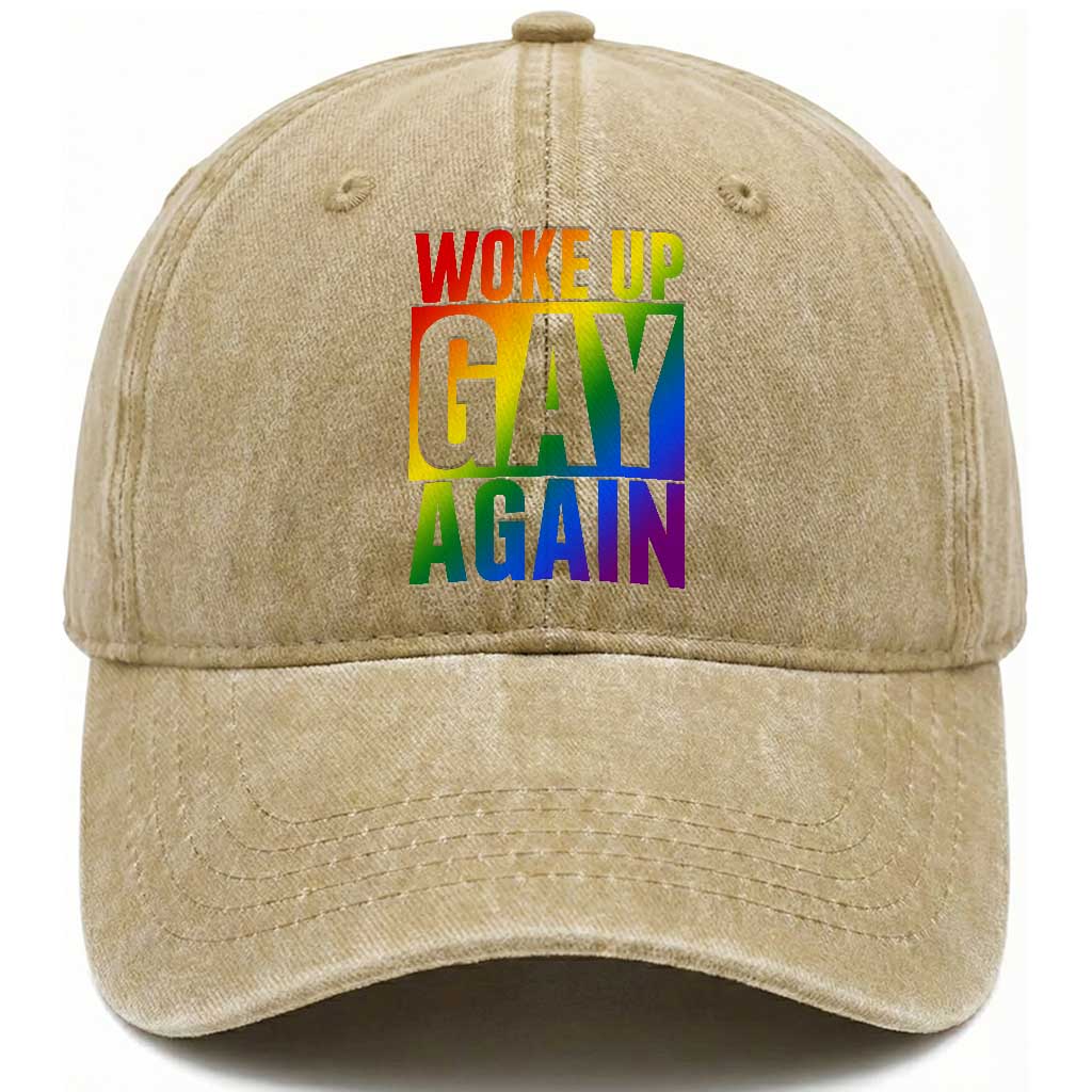 Funny LGBTQ Pride Month Washed Cotton Baseball Cap Woke Up Gay Again