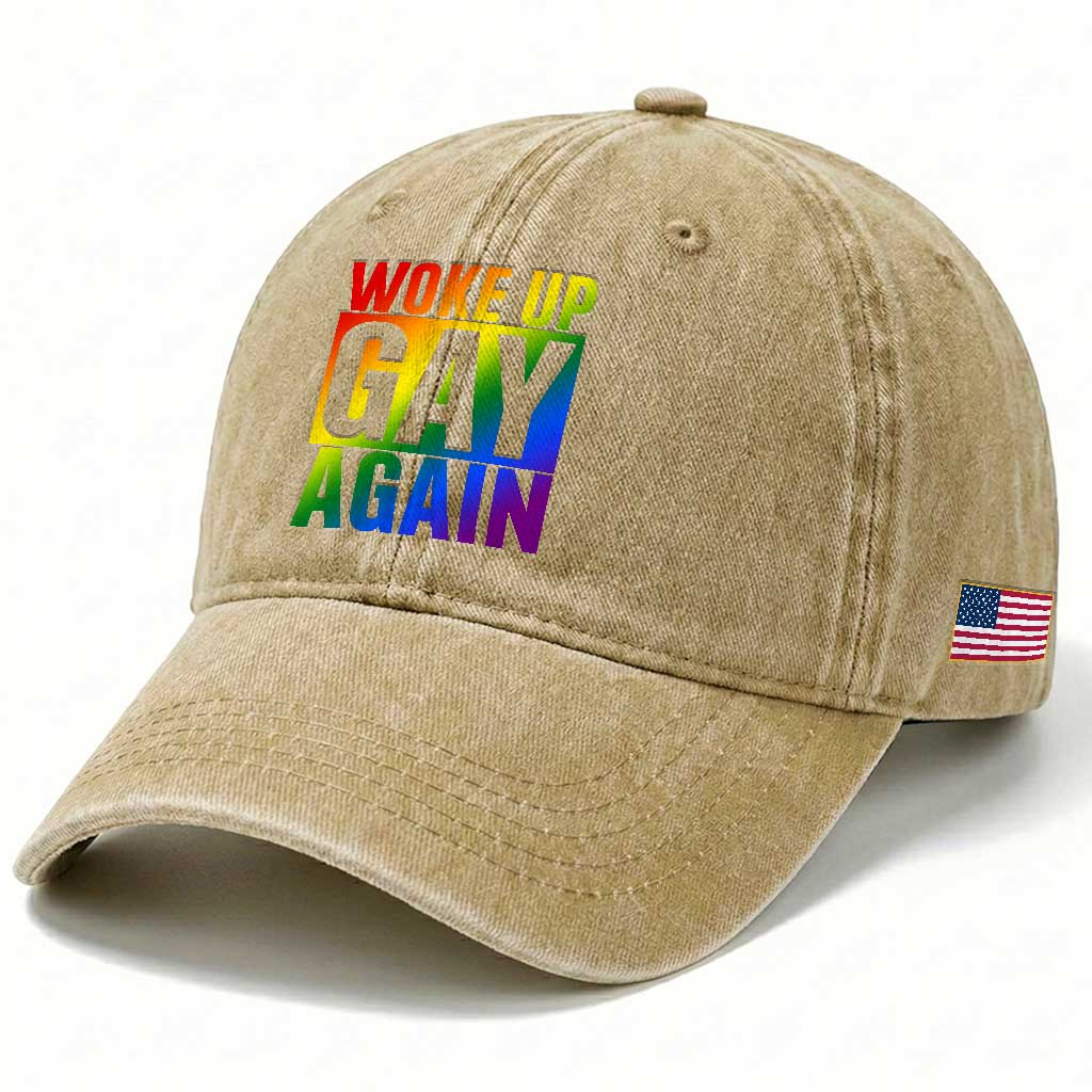 Funny LGBTQ Pride Month Washed Cotton Baseball Cap Woke Up Gay Again