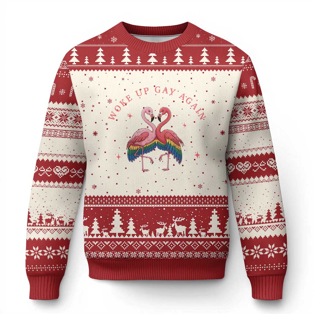 Funny Flamingos Woke Up Gay Again Ugly Christmas Sweater Gift For Queer Bird Lovers