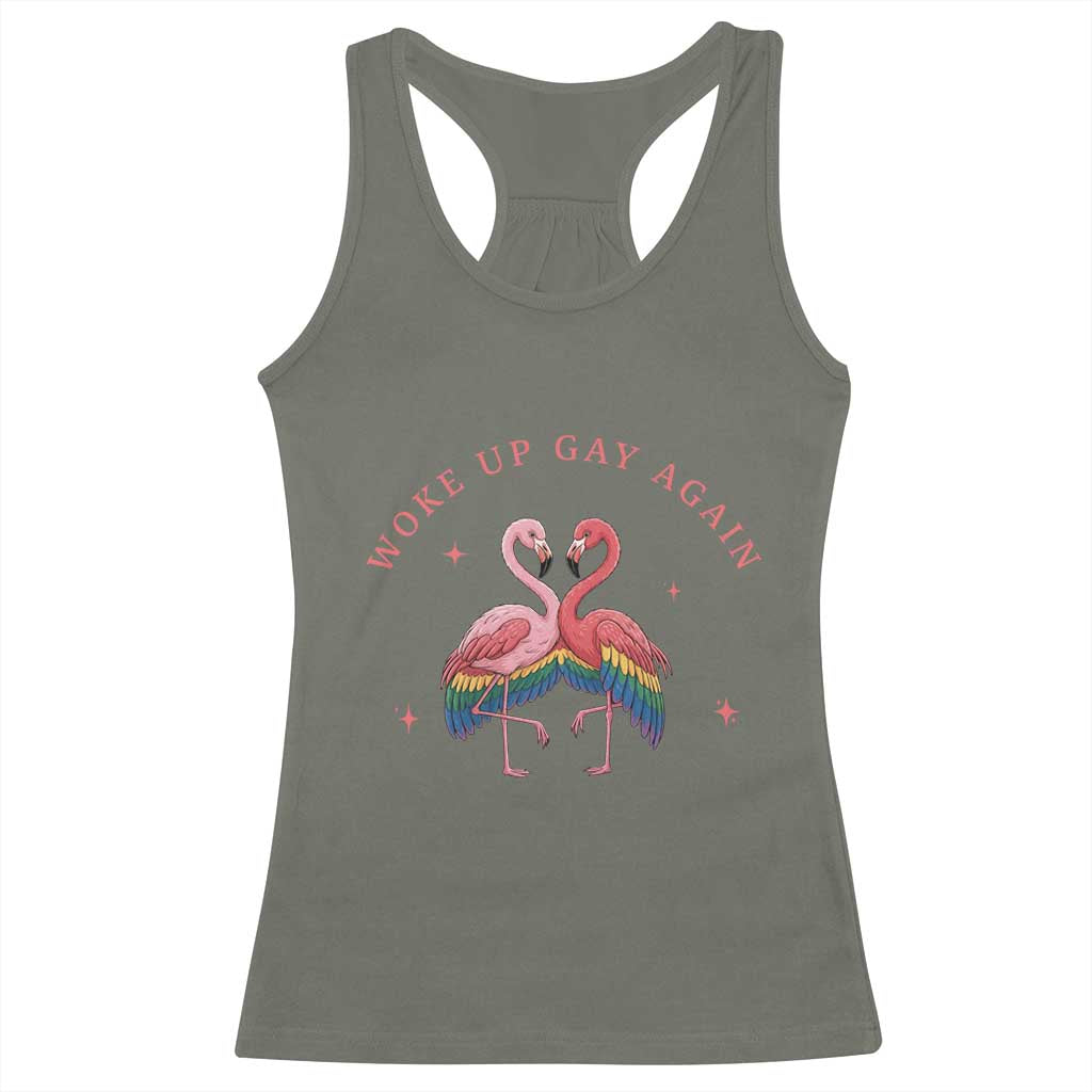 Funny Flamingos Woke Up Gay Again Racerback Tank Top Gift For Queer Bird Lovers