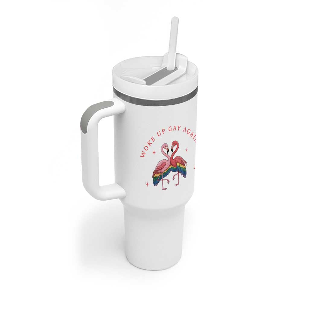 Funny Flamingos Woke Up Gay Again Tumbler With Handle Gift For Queer Bird Lovers