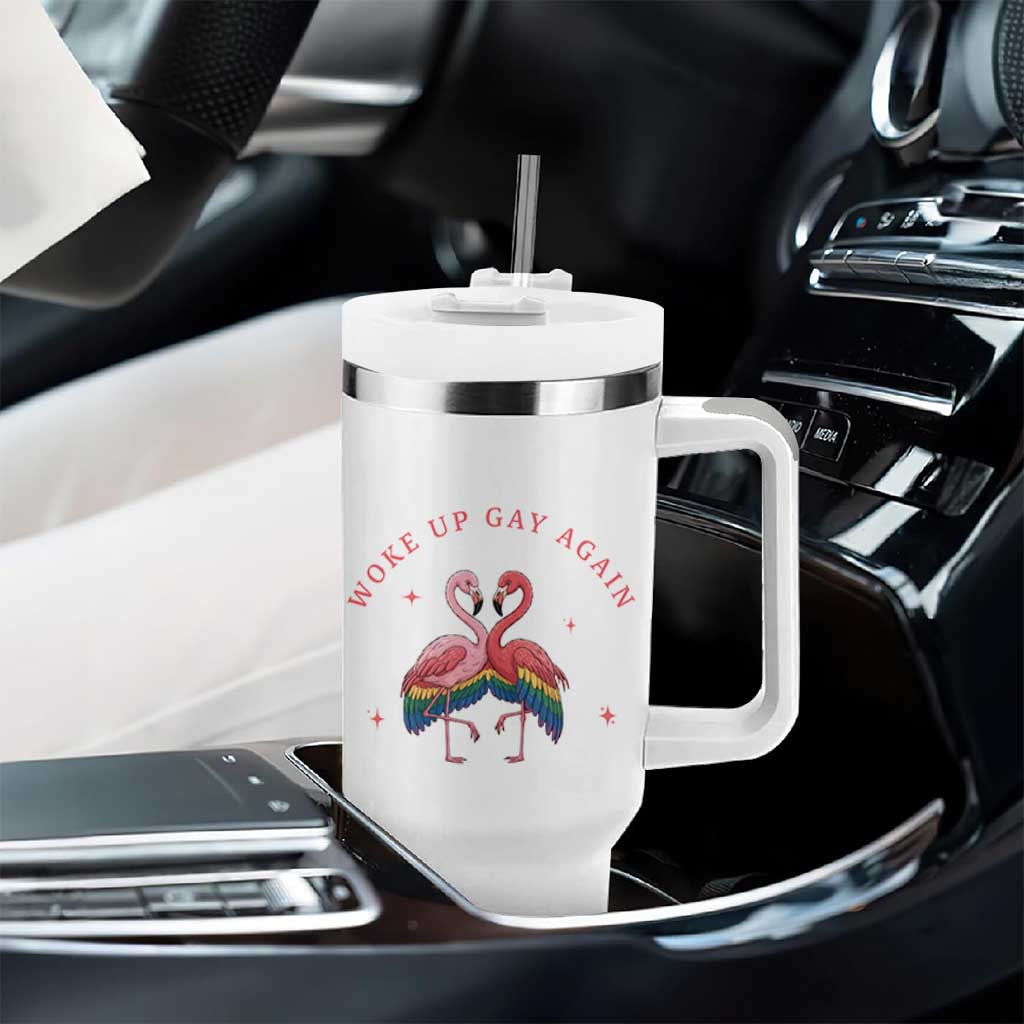 Funny Flamingos Woke Up Gay Again Tumbler With Handle Gift For Queer Bird Lovers