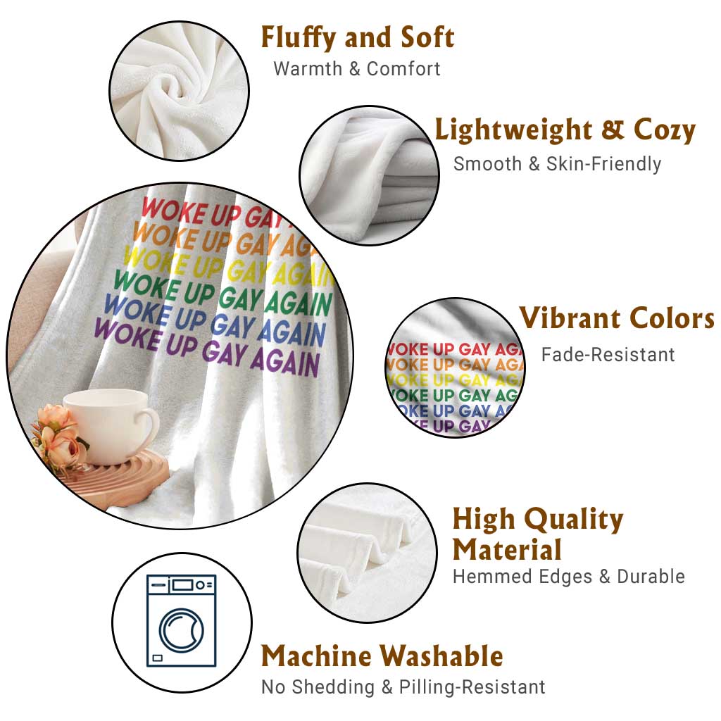 Woke Up Gay Again Throw Blanket Funny LGBTQ Rainbow Typography