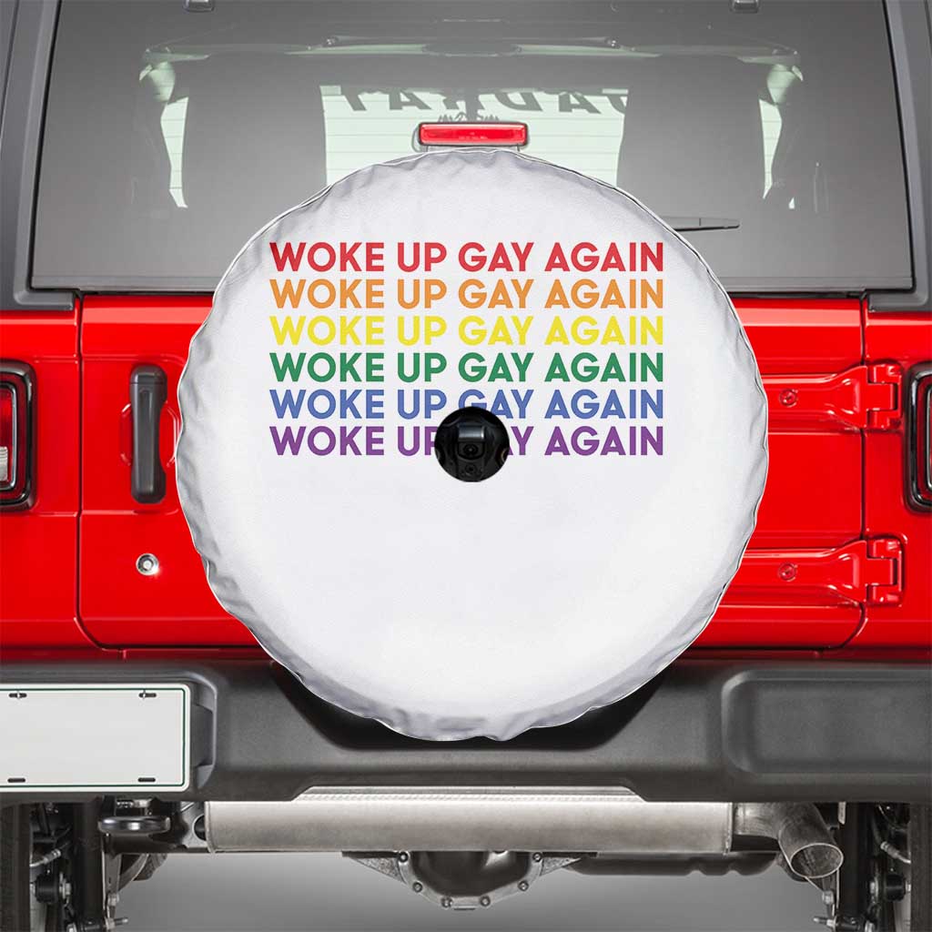 Woke Up Gay Again Spare Tire Cover Funny LGBTQ Rainbow Typography