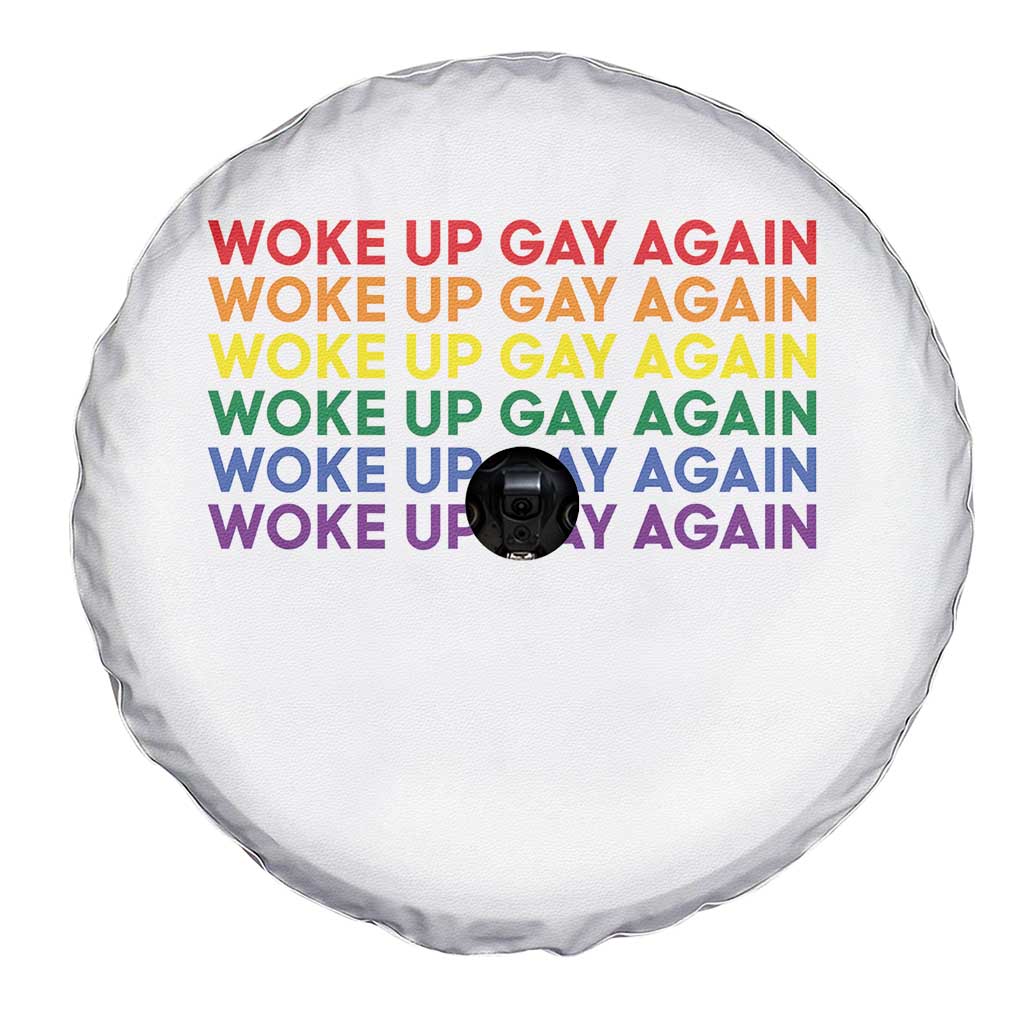 Woke Up Gay Again Spare Tire Cover Funny LGBTQ Rainbow Typography