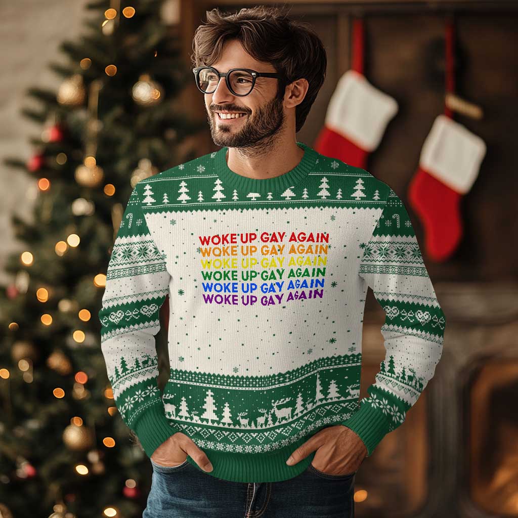 Woke Up Gay Again Ugly Christmas Sweater Funny LGBTQ Rainbow Typography